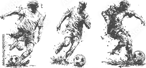 dynamic soccer players in action, dribbling ball and running, sport energy and movement