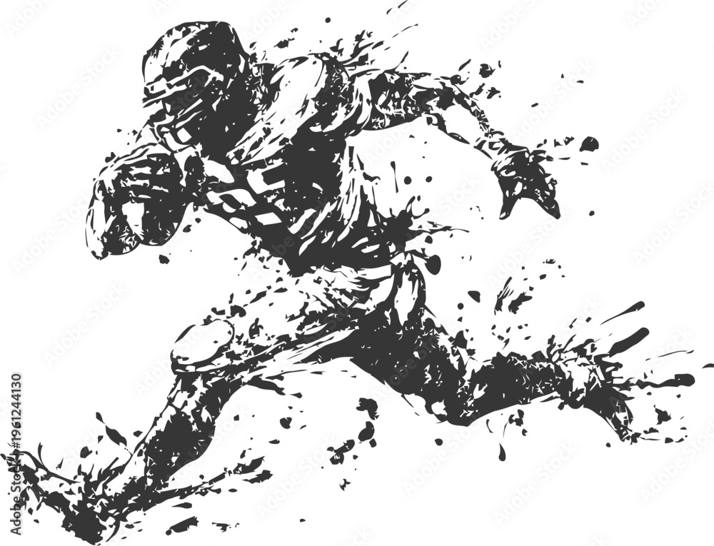 Obraz premium American football player sprinting with the ball in dynamic splash ink illustration