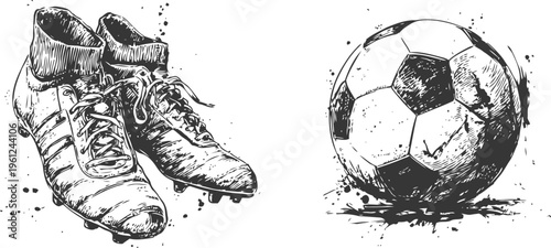 worn soccer cleats and classic black and white soccer ball with textured ink sketch