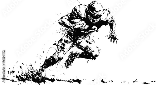 American football player running with ball in dynamic action silhouette with splatter effect