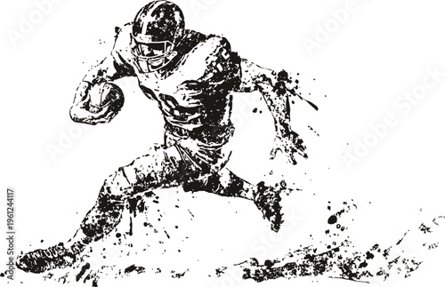 Dynamic american football player sprinting with ball in abstract black ink splash