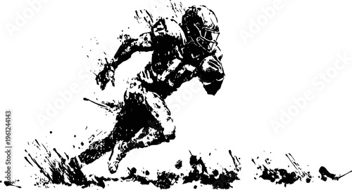 American football player running with the ball, dynamic black ink splash silhouette artwork