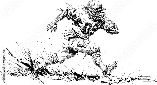 American football player running with the ball, aggressive sport action sketch
