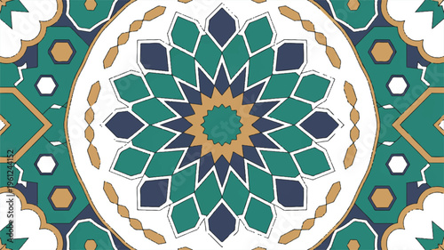 Intricate green and blue floral mandala design with white background and gold accents in geometric pattern