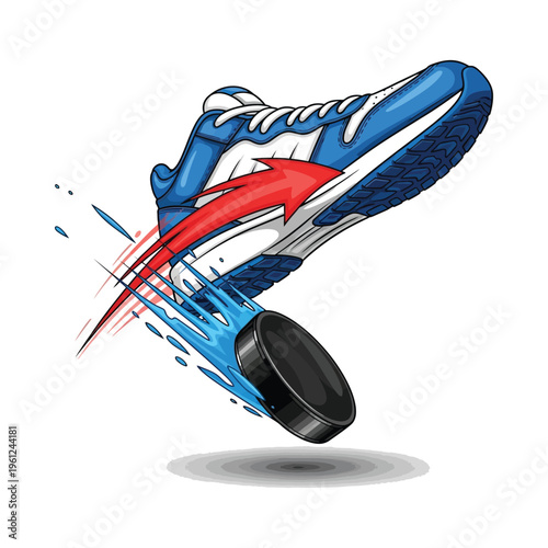 Dynamic action of a hockey player kicking a puck with a sports shoe