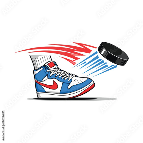Dynamic sneaker kicking a hockey puck in mid-air with motion blur effects