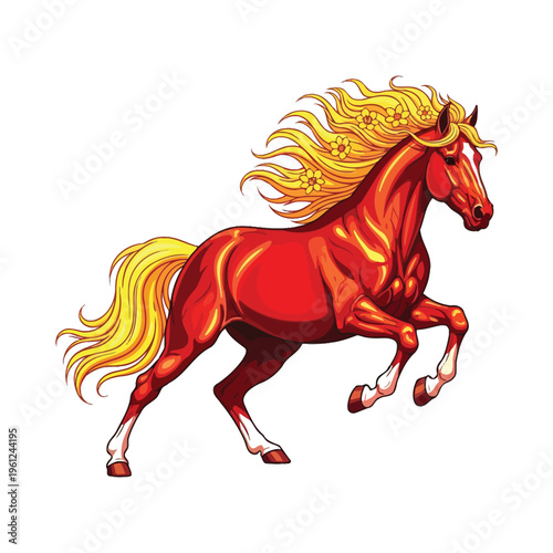 A dynamic red stallion with fiery mane and tail in mid-gallop