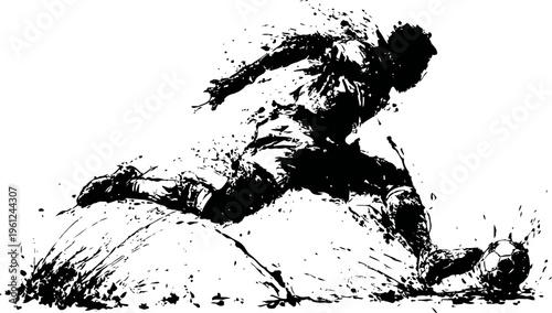 Soccer player kicking ball dynamic sports silhouette in action, energy and movement concept