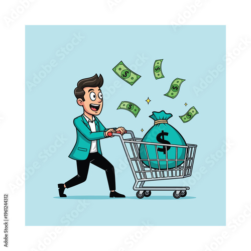 Businessman enjoying unexpected financial windfall with shopping cart full of money bags
