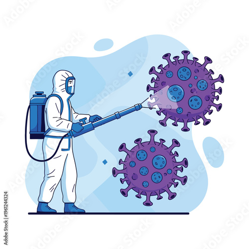 Scientist combating virus particles with specialized equipment