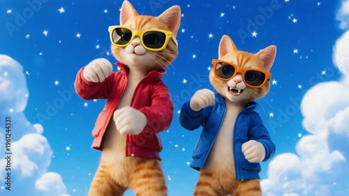 Two cartoon cats wearing sunglasses and jackets dancing under a starry sky with clouds