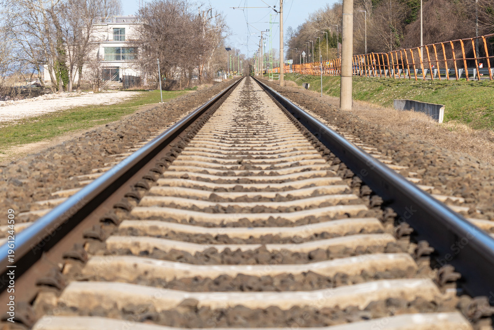 Fototapeta premium A distant railway track between a lake and a forest in spring