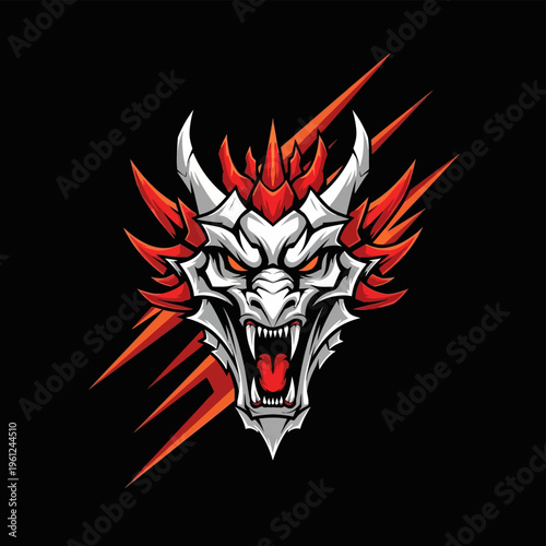 Fierce Red and White Dragon Head Illustration with Sharp Details.