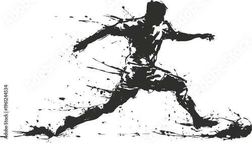 Dynamic soccer player kicking ball in abstract splash ink silhouette illustration