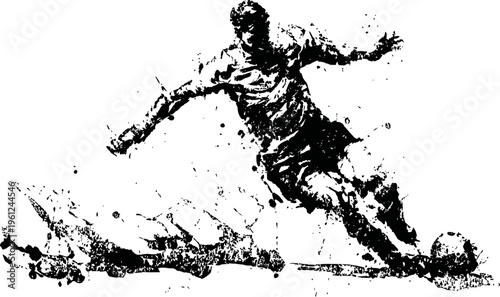 Dynamic soccer player kicking ball with explosive splatter effect in black and white