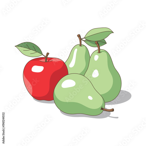 A colorful illustration of an apple and three pears with green leaves.