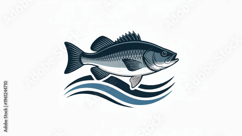 Large mouth bass fish swimming in water waves  aquatic animal illustration