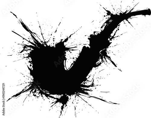 Black ink splash silhouette of a classic smoking pipe with paint splatter effect