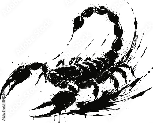 Black scorpion silhouette with ink splatter and brush stroke effect on white background