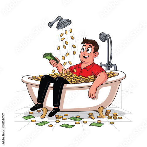 Man enjoying a luxurious bath filled with gold coins and cash.
