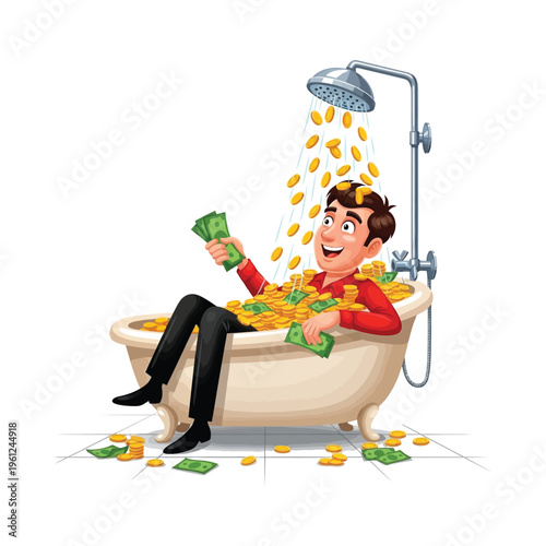 Man enjoying a shower of money in a luxurious bathtub filled with cash.