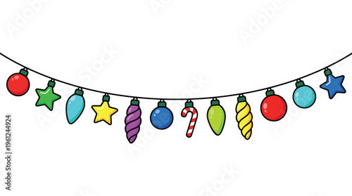 Festive string lights display a variety of Christmas ornaments with joy