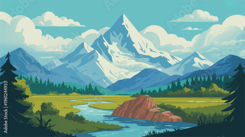 Mountain landscape with river and trees in foreground  serene natural scenery