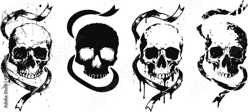 Grunge skull designs with twisted ribbon elements in black and white artwork set