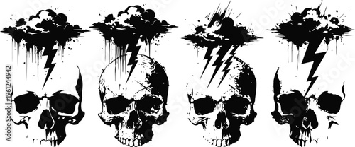 grunge skulls with lightning bolt and cloud elements in black ink splatter
