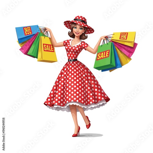 Vintage fashionista showcasing colorful shopping bags during a sale event