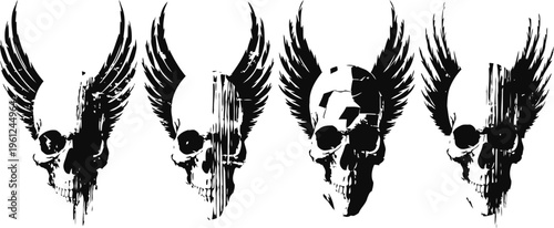 Grunge skulls with wings set dark gothic design with distressed texture and abstract winged skulls collection