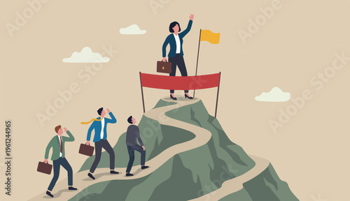 Woman success story, female leadership or business victory gender equality, feminism win competition concept, confident businesswoman reach finishing line win mountain peak competition over men