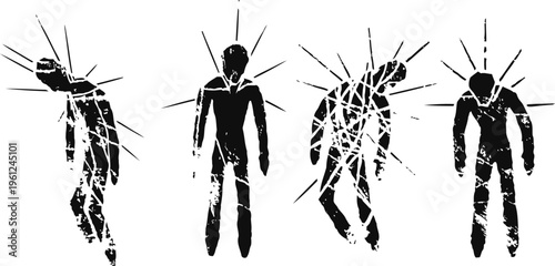 silhouettes of abstract human figures with barbed wire and impact marks, symbolizing pain and struggle