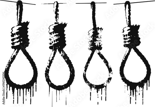 hanging nooses black ink illustration set different rope knots and loops drips and splatters effect