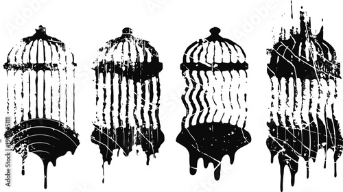distorted birdcages silhouettes in grunge with dripping ink effect