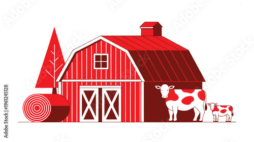 red barn with cows and hay bale outside
