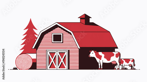 red barn with cows and hay bale on farm