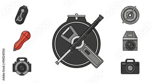 Minimalist monochrome flat design vector set of various photo and video equipment icons, ideal for technical websites, tutorials, and DIY visual guides showcasing gear.