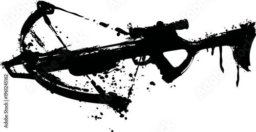 silhouette of a crossbow with ink splatter design weapon outline in grunge illustration