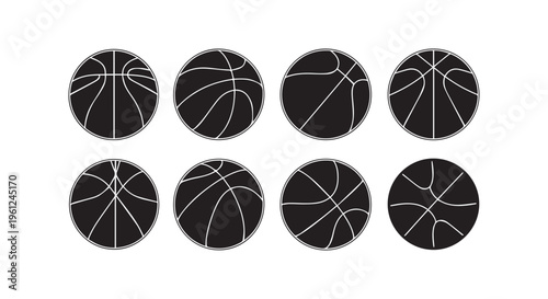 A group of eight black basketballs with white lines on a plain white background