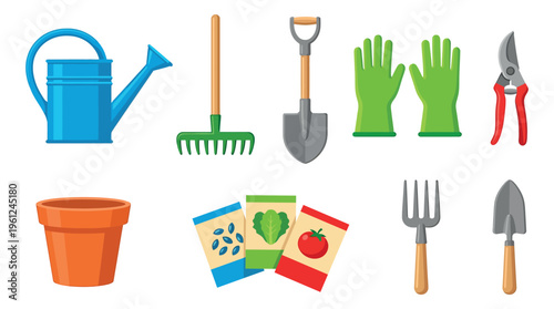 A collection of gardening tools, ready for tending the soil and nurturing plant growth. Featuring a watering can, rake, shovel, gloves, pruners, pot, seed packets, fork, and trowel