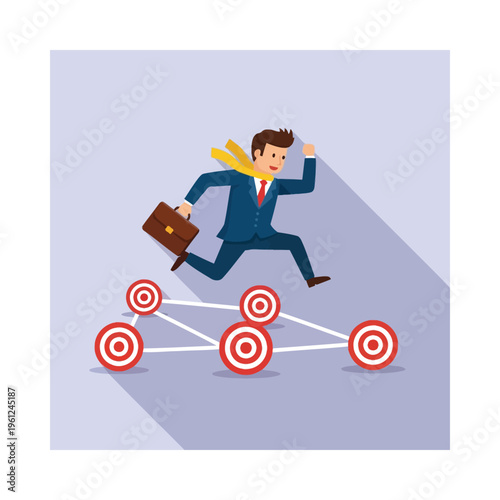 Businessman sprinting past multiple targets with a briefcase in hand