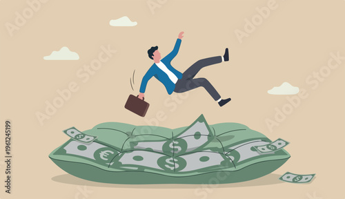  Insurance, reserve money or emergency fund on business failure, mistake accident, compensation money support cushion concept, fail businessman falling huge in money banknotes safety cushion