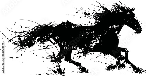 abstract black horse silhouette galloping with paint splatter artistic ink effect