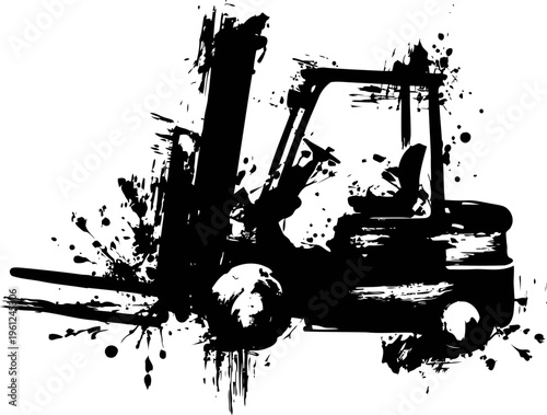 forklift silhouette with grunge ink splatter design industrial vehicle for lifting and transporting pallets in warehouse