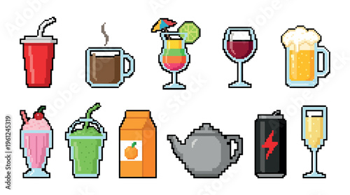 Pixelated depiction of various refreshing beverages. This illustration showcases an array of drinks, from soda to cocktails, each rendered in a charming pixel style