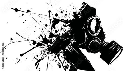 black gas mask silhouette with ink splash effect on white background design