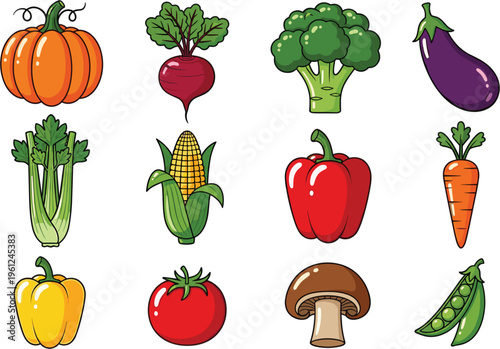 Organic vegetable vector icon set. Flat illustrations of pumpkin, beetroot, broccoli, eggplant, celery, corn, peppers, tomato, mushroom, and peas for healthy food design.