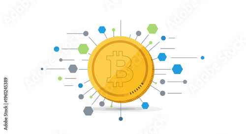 Conceptual representation of a golden Bitcoin coin with network connections radiating outward, signifying blockchain technology, financial transactions, and digital currency innovations agai