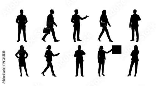 Isolated on a white backdrop, the corporate team collection features a variety of black silhouettes of business executives in different positions, such as standing, strolling, and interacting.